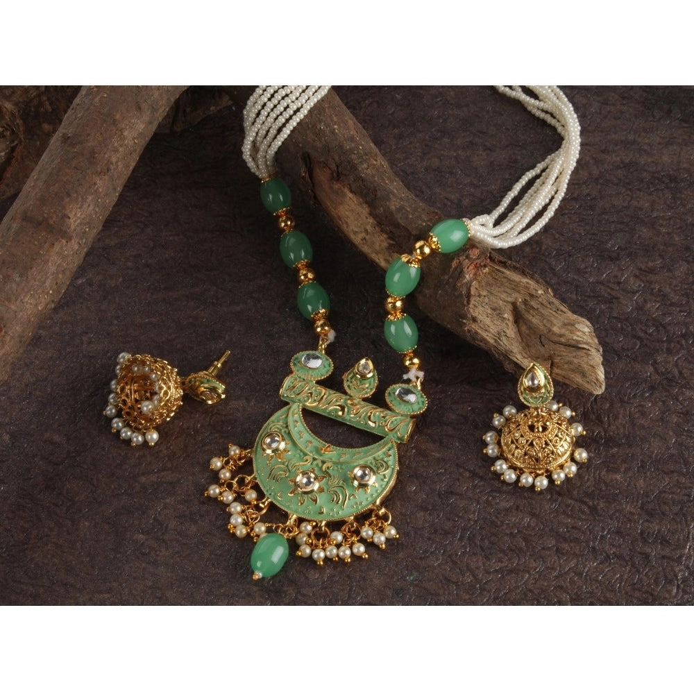indoraa Women's Rose Gold Plated Alloy Necklace & Earings Set (Green)