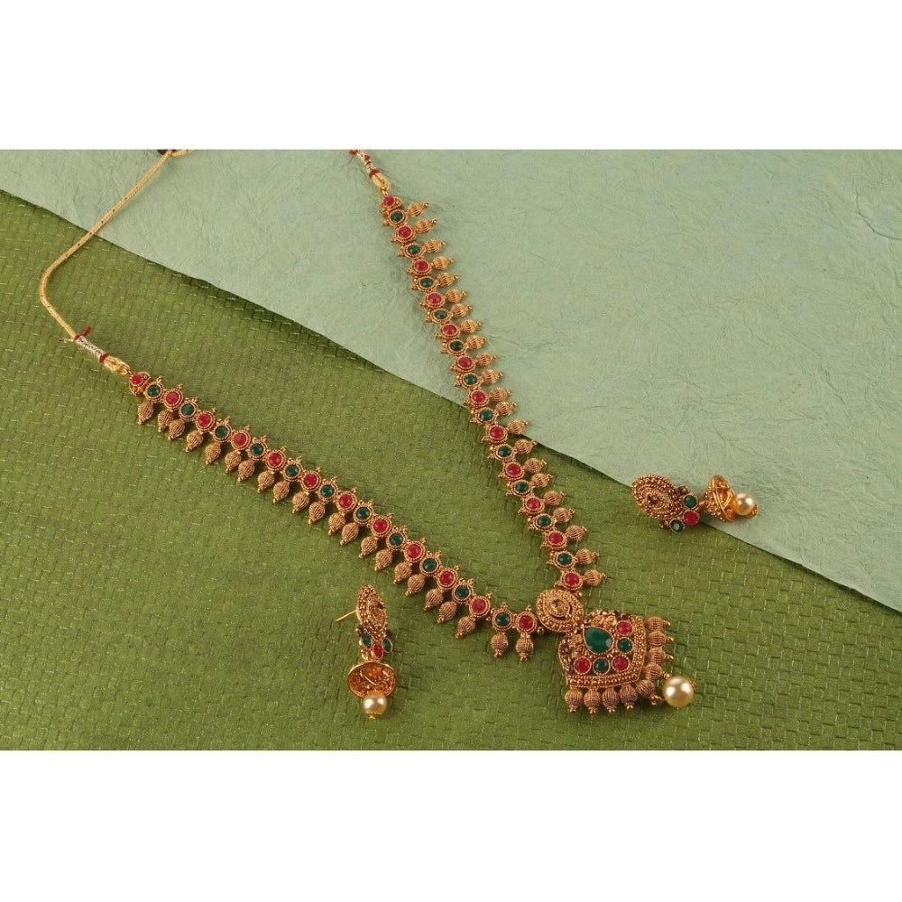 indoraa Women's Rose Gold Plated Alloy Necklace & Earings Set (Green & Red)