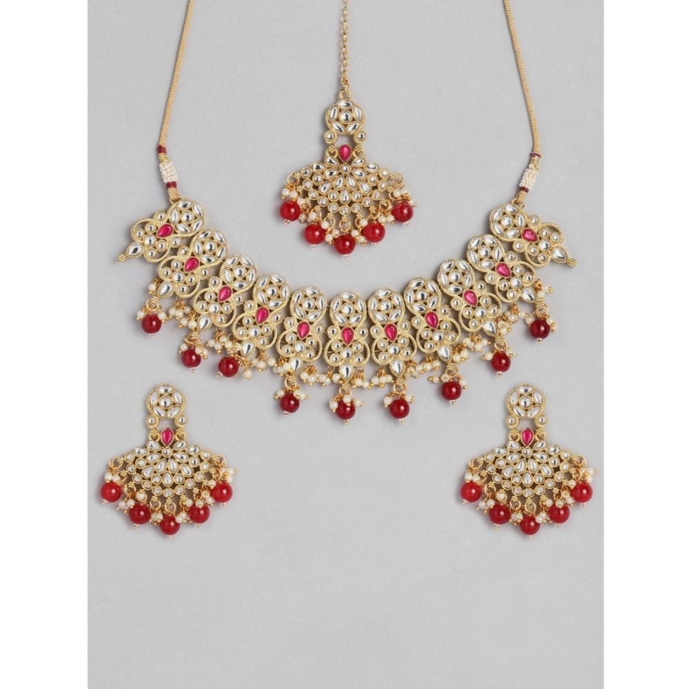 indoraa Women's Rose Gold Plated Alloy Necklace & Earings Set (Red)