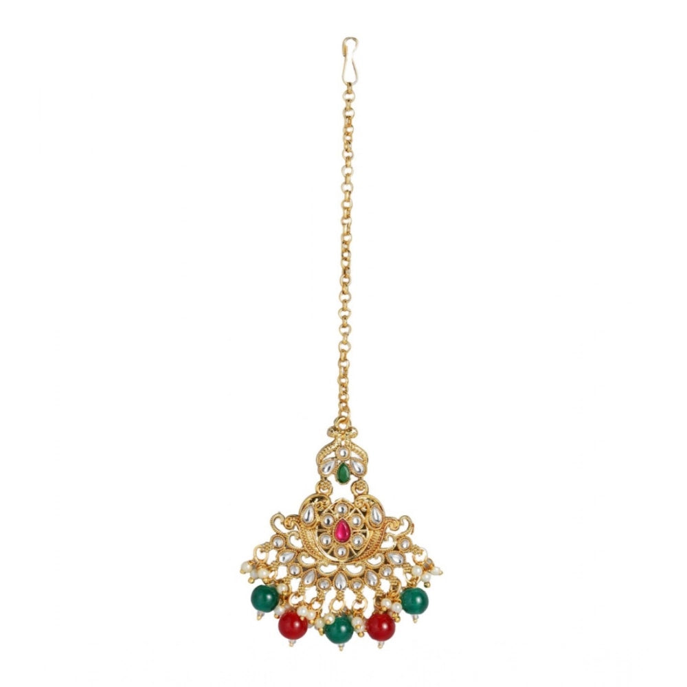 indoraa Women's Rose Gold Plated Alloy Kundan Earrings & Mangtikka (Red & Green)