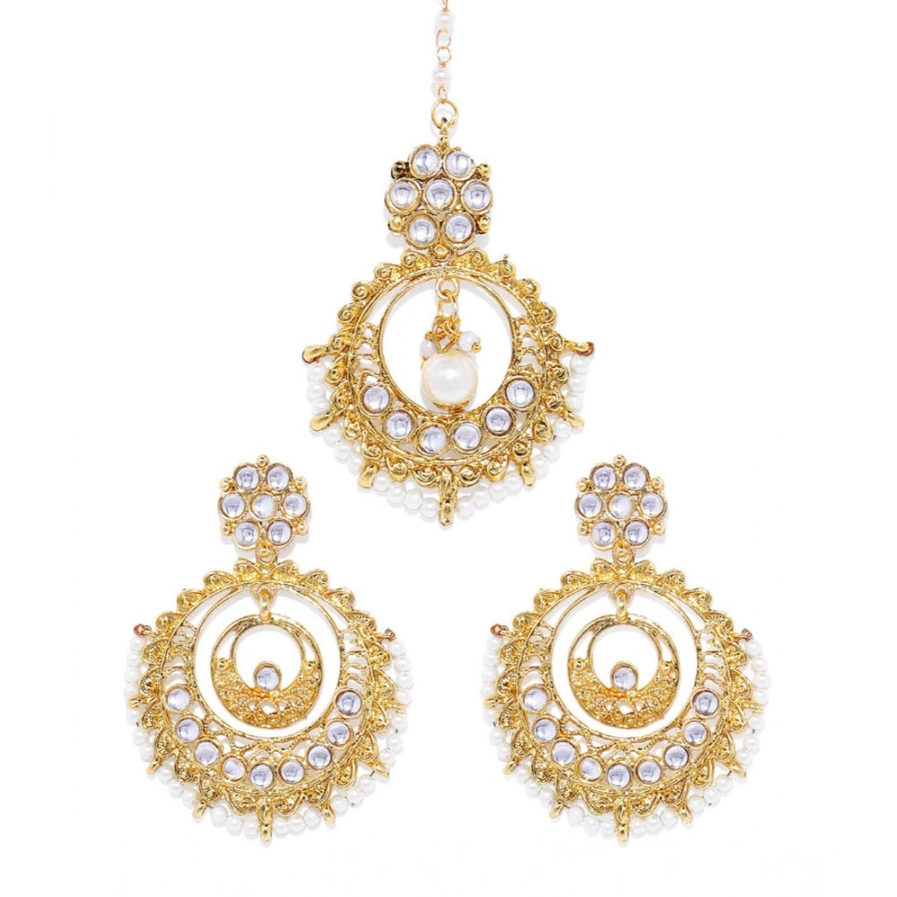 indoraa Women's Rose Gold Plated Alloy Kundan Earrings & Mangtikka (White)