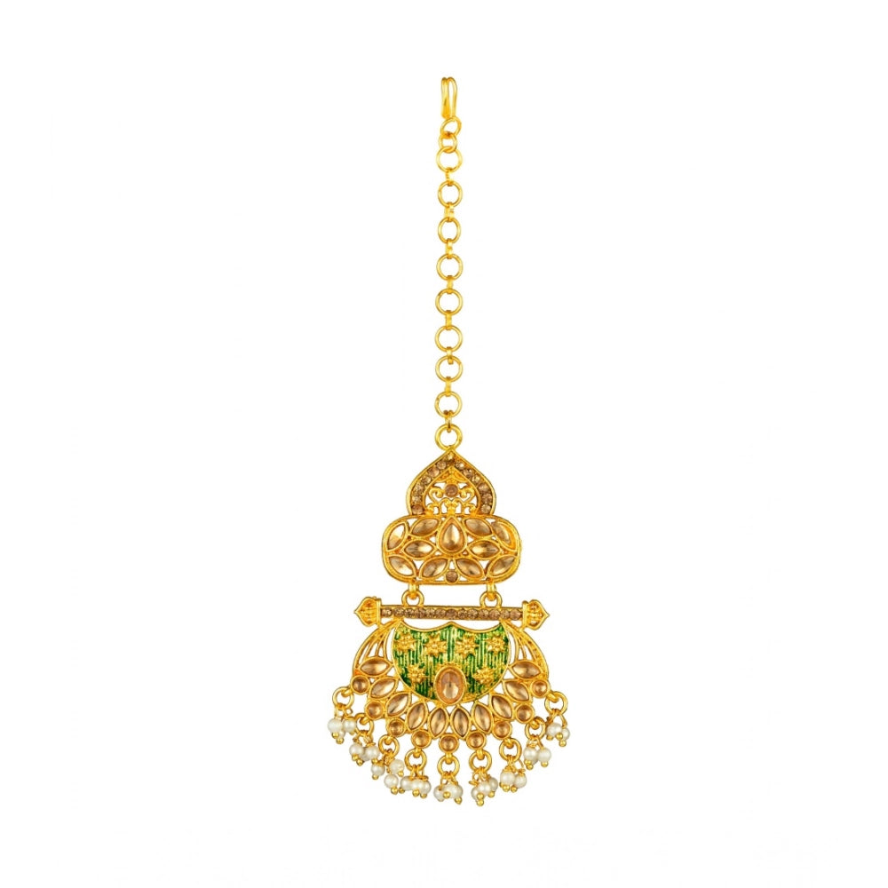 indoraa Women's Rose Gold Plated Alloy Kundan Earrings & Mangtikka (Green)