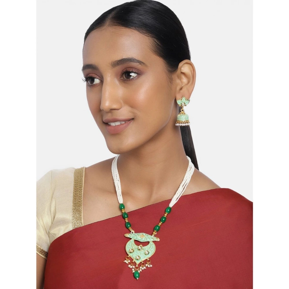 indoraa Women's Rose Gold Plated Alloy Necklace & Earings Set (Green)