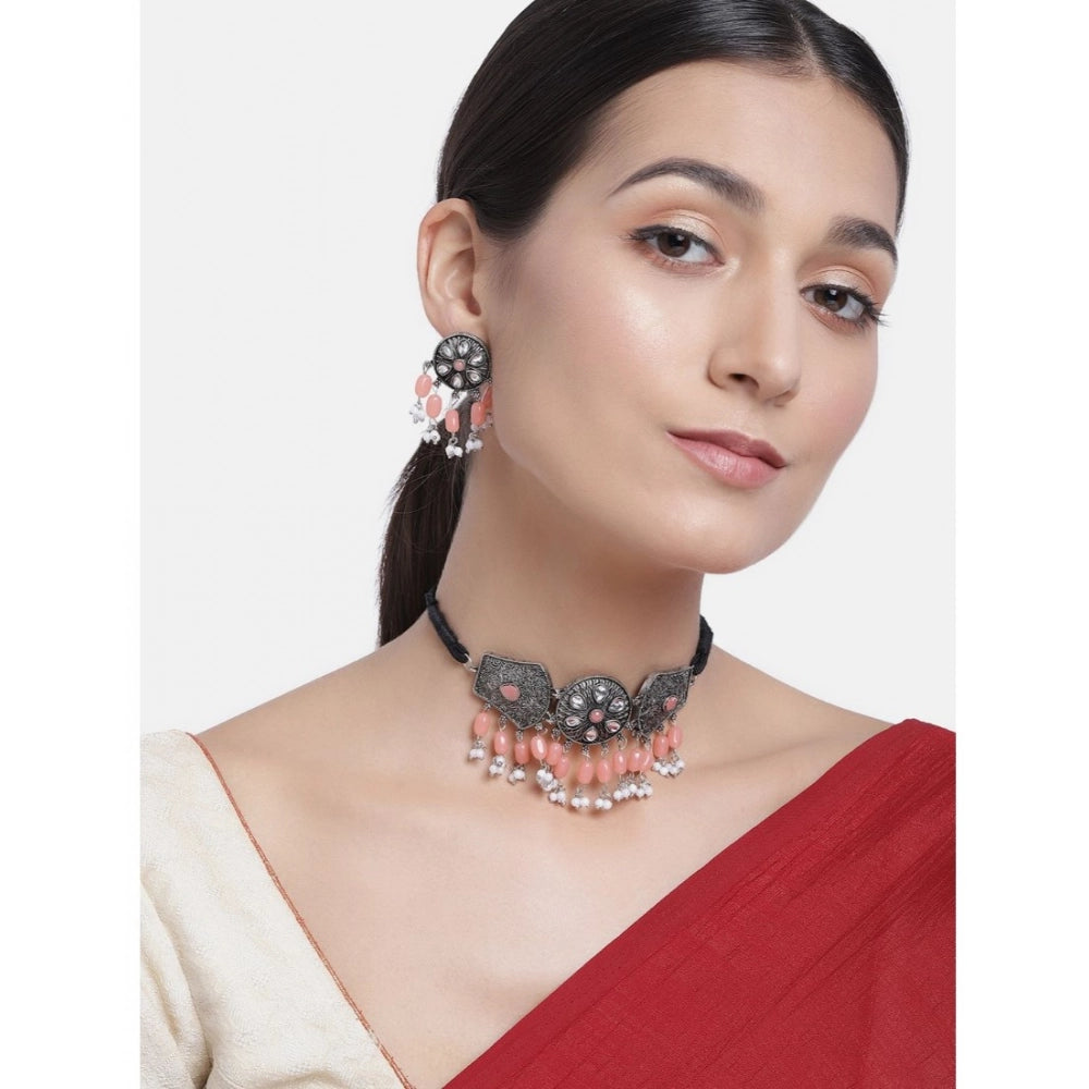 indoraa Women's Rose Gold Plated Alloy Necklace & Earings Set (Orange)