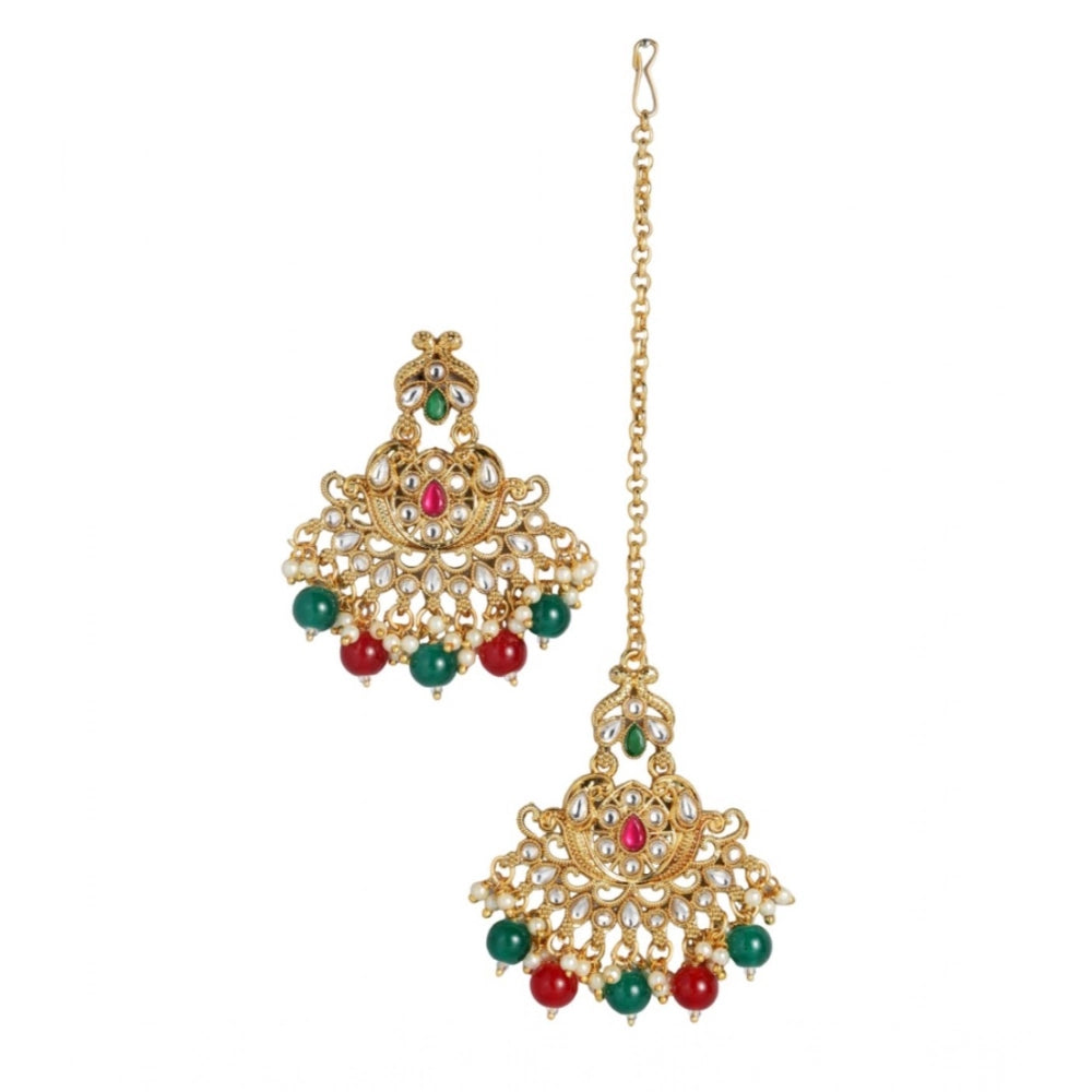 indoraa Women's Rose Gold Plated Alloy Kundan Earrings & Mangtikka (Red & Green)