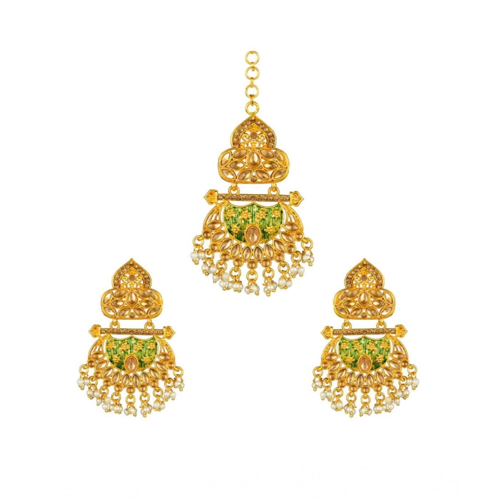 indoraa Women's Rose Gold Plated Alloy Kundan Earrings & Mangtikka (Green)