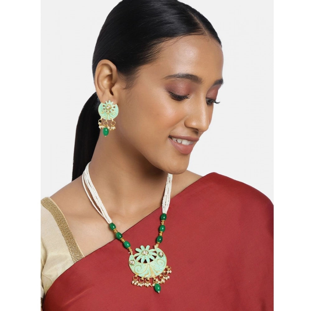 indoraa Women's Rose Gold Plated Alloy Necklace & Earings Set (Green)