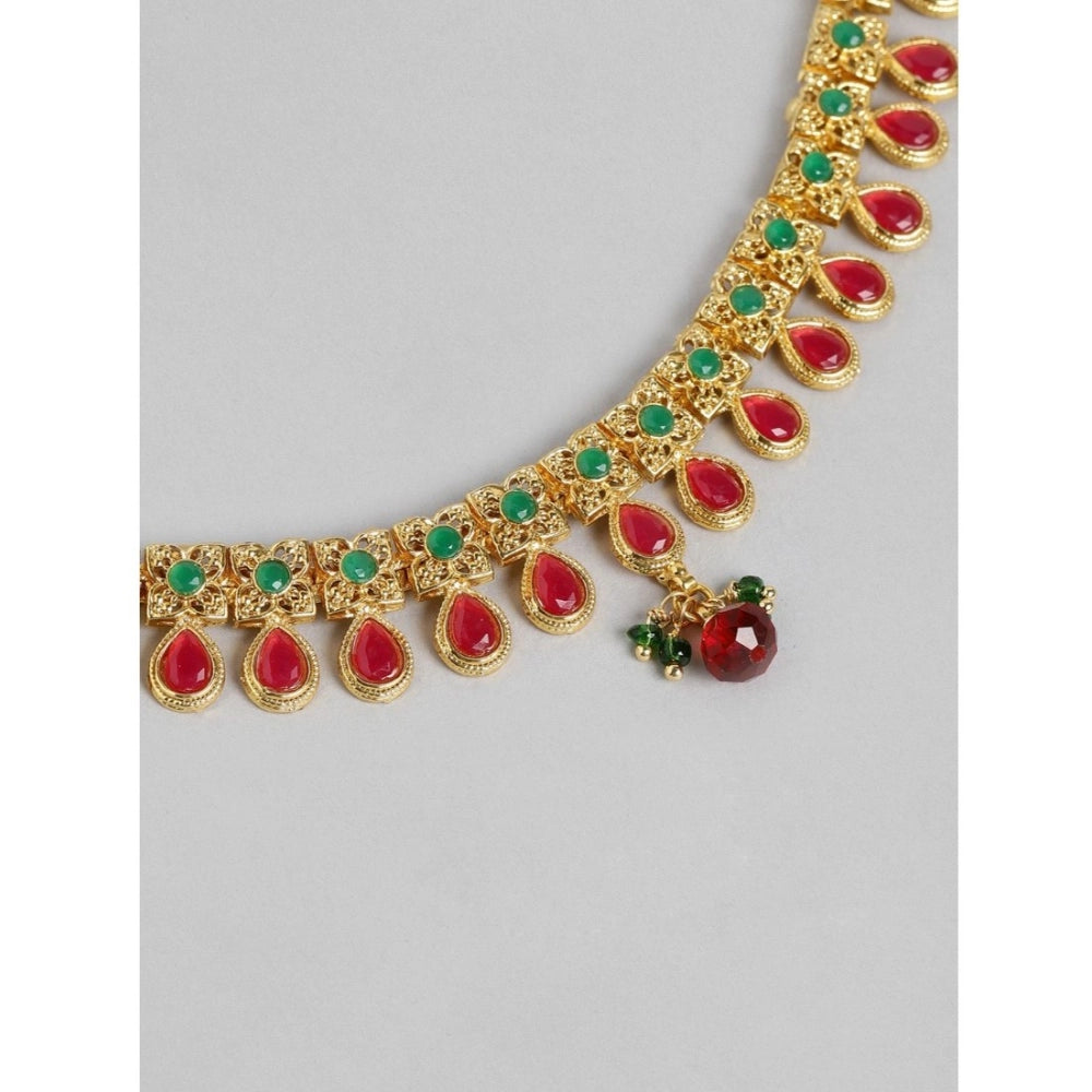 indoraa Women's Rose Gold Plated Alloy Necklace & Earings Set (Green & Red)