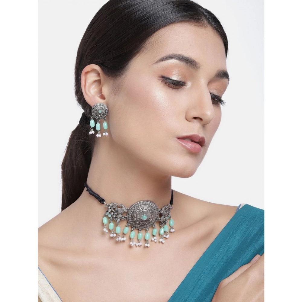 indoraa Women's Rose Gold Plated Alloy Necklace & Earings Set (Light Green)