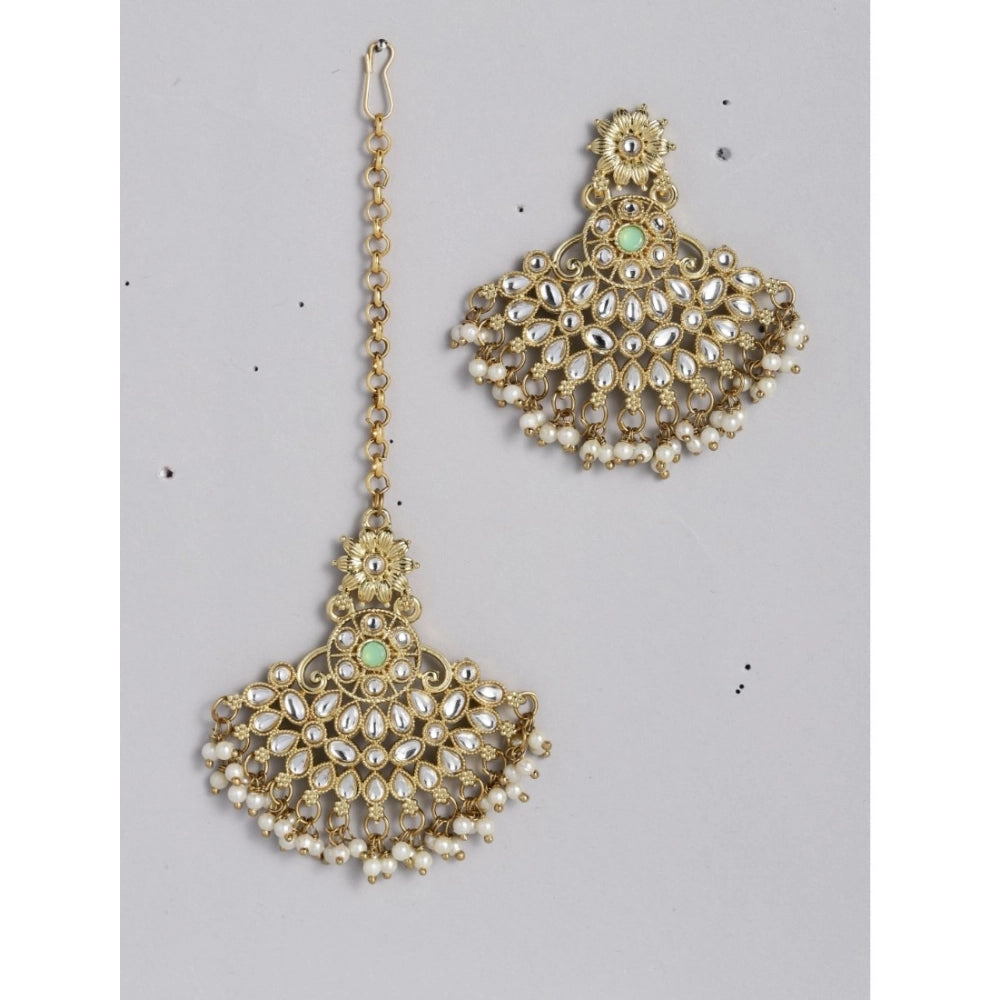indoraa Women's Rose Gold Plated Alloy Kundan Earrings & Mangtikka (White)