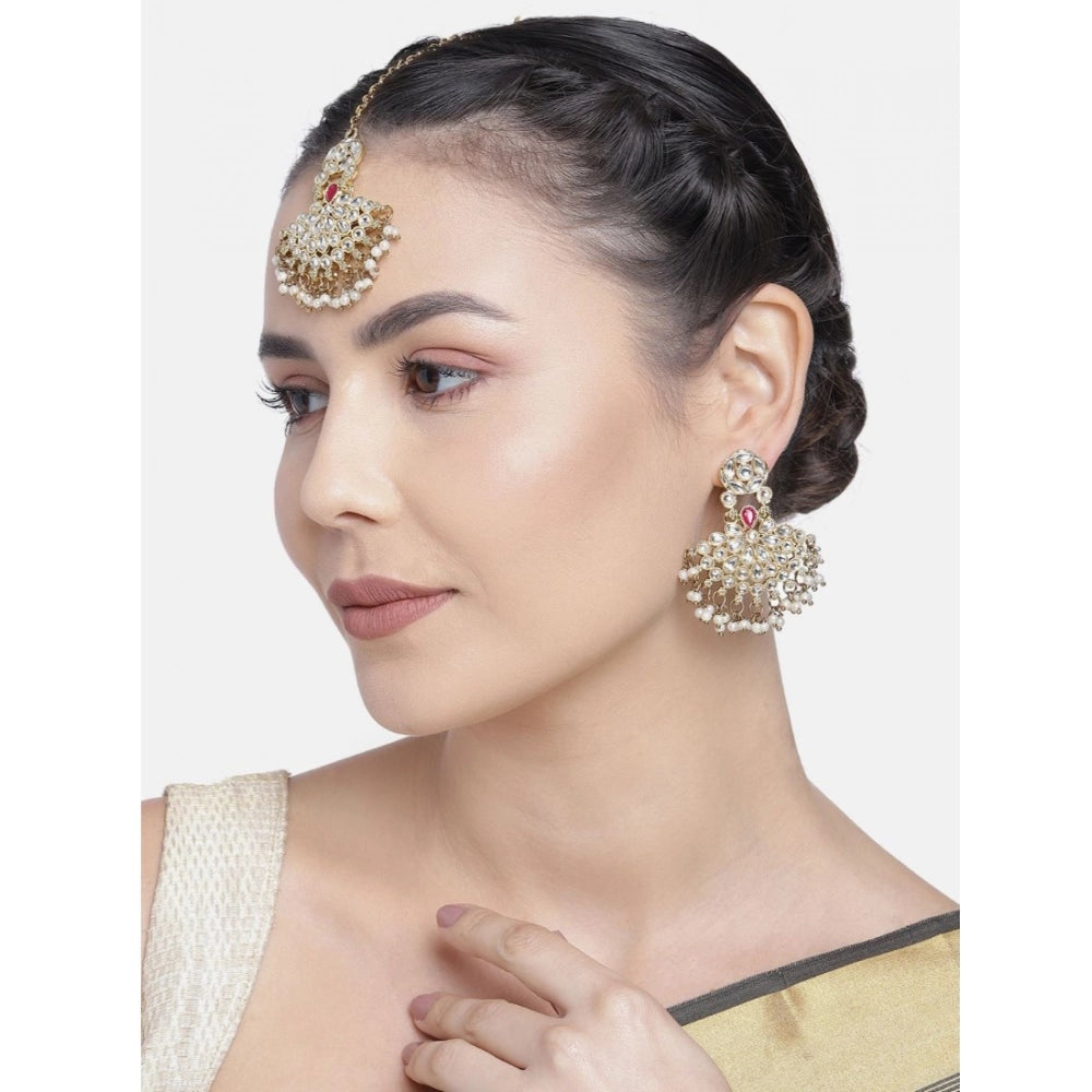 indoraa Women's Rose Gold Plated Alloy Kundan Earrings & Mangtikka (White)