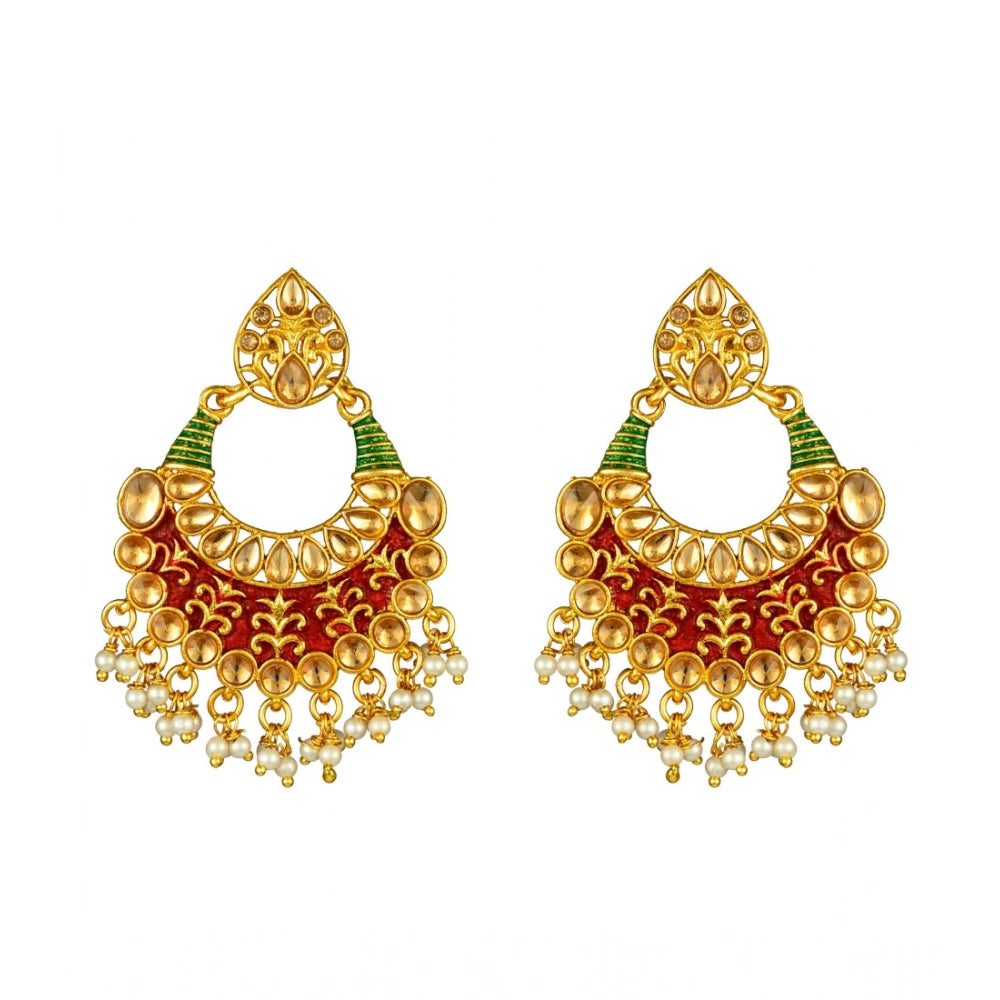 indoraa Women's Rose Gold Plated Alloy Kundan Earrings & Mangtikka (Red & Green)