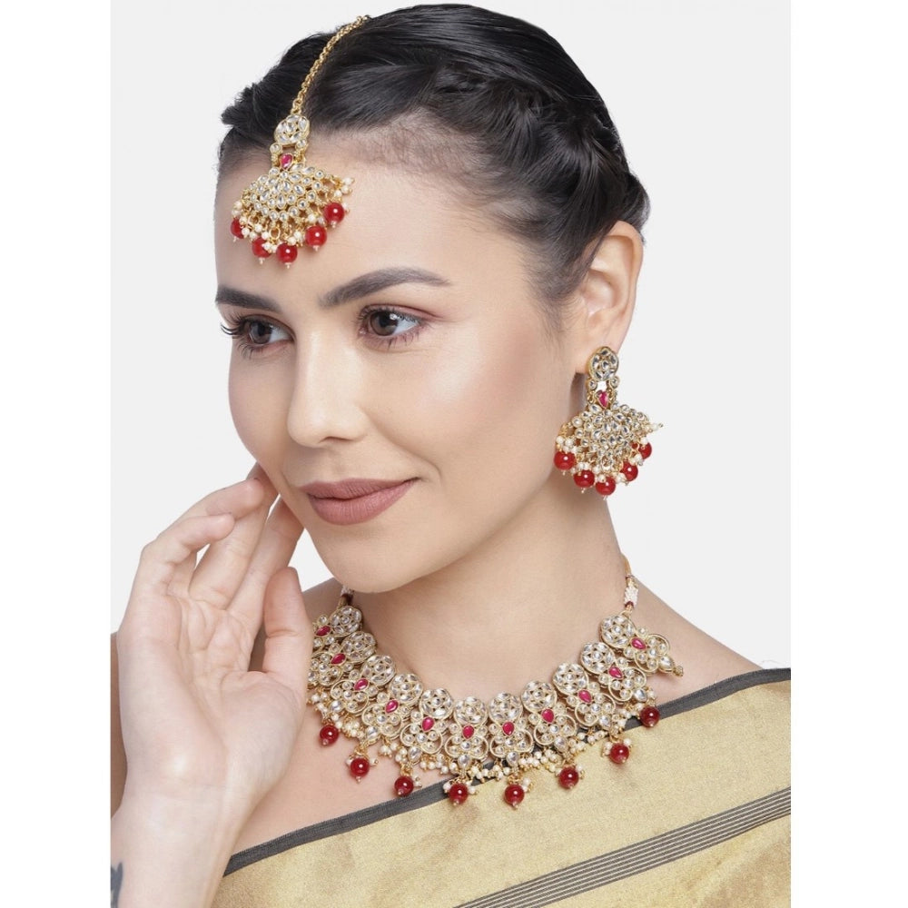 indoraa Women's Rose Gold Plated Alloy Necklace & Earings Set (Red)