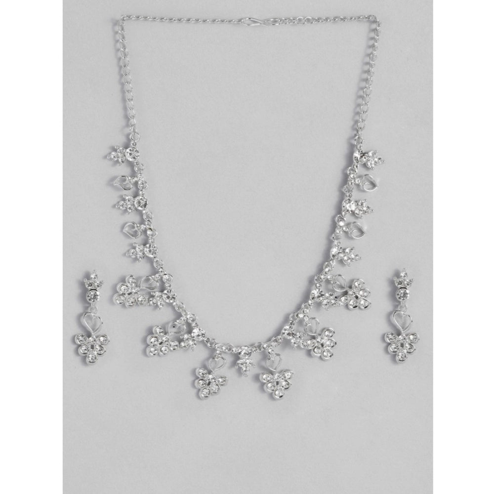 indoraa Women's Rose Gold Plated Brass Necklace & Earings Set (Silver)