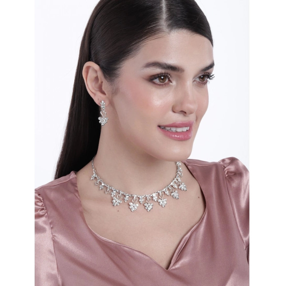 indoraa Women's Rose Gold Plated Brass Necklace & Earings Set (Silver)