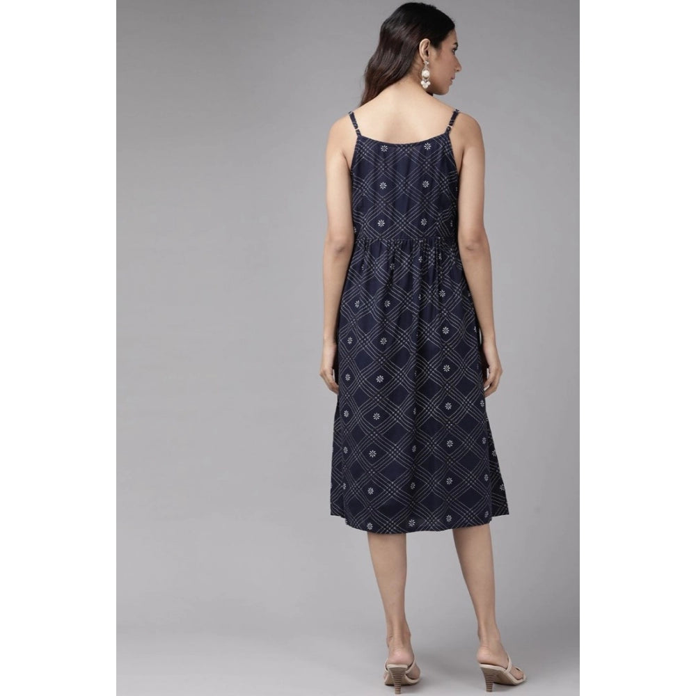 Indoraa Women's Casual Sleeveless Stripe Printed Rayon Dress (Blue)