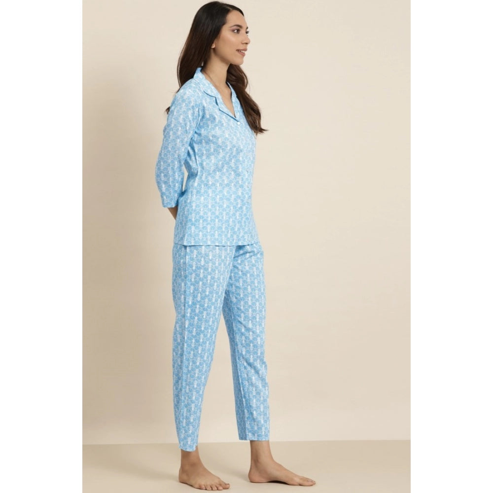 Indoraa Women's Casual 3/4 th Sleeve Floral Printed Rayon Shirt With Pyjama Pant Night Suit Set (Blue)
