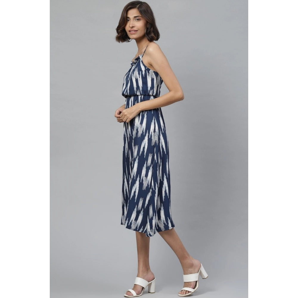 Indoraa Women's Casual Sleeveless Ikat Print Rayon Dress (Blue)