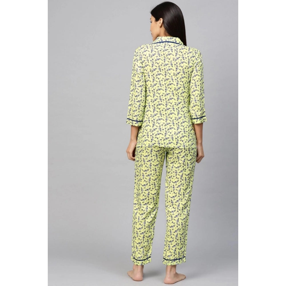Indoraa Women's Casual 3/4 Sleeve Floral Printed Rayon Shirt With Pyjama Pant Night Suit Set (Green)