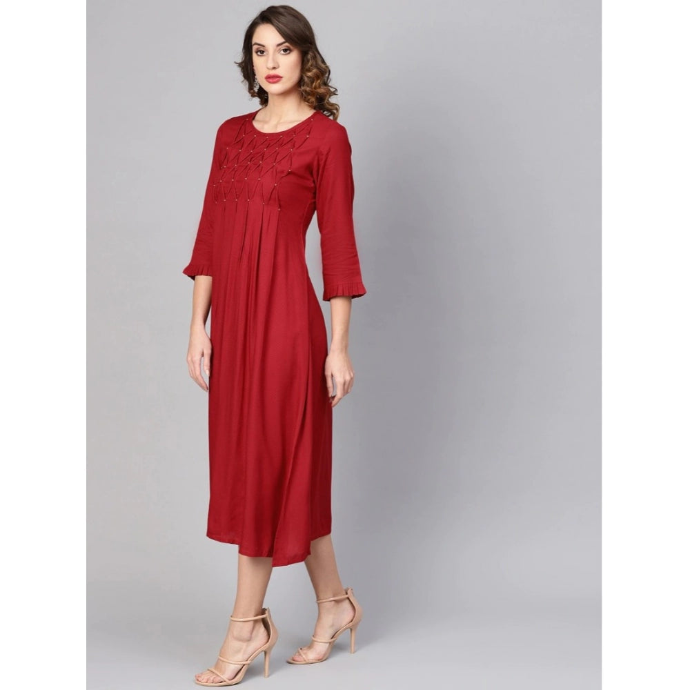 Indoraa Women's Casual 3/4 th Sleeve Solid Rayon Dobby Dress (Maroon)