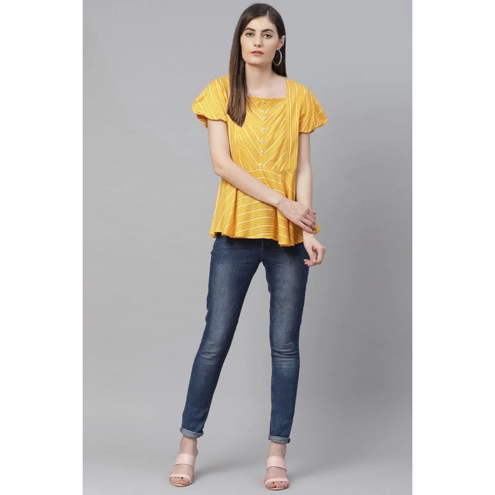 Indoraa Women's Casual Short Sleeves Stripe Printed Rayon Top (Mustard)