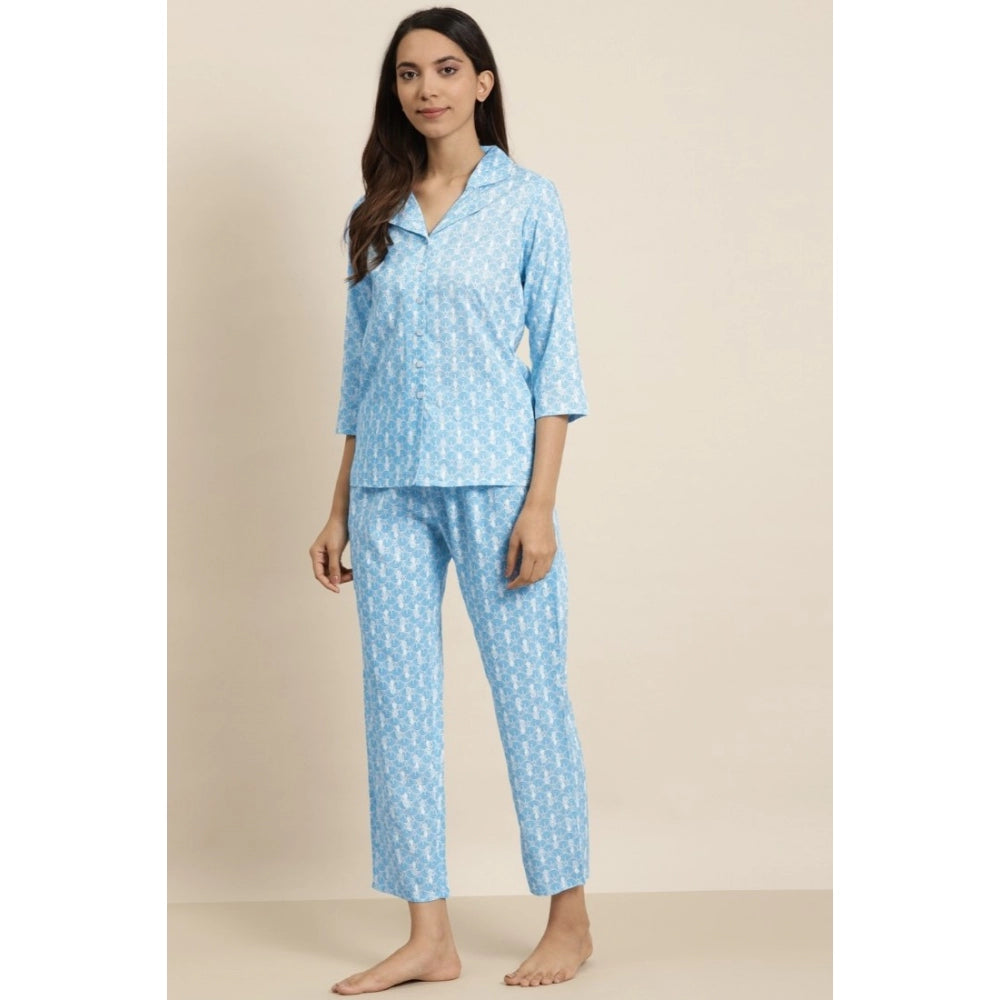 Indoraa Women's Casual 3/4 th Sleeve Floral Printed Rayon Shirt With Pyjama Pant Night Suit Set (Blue)