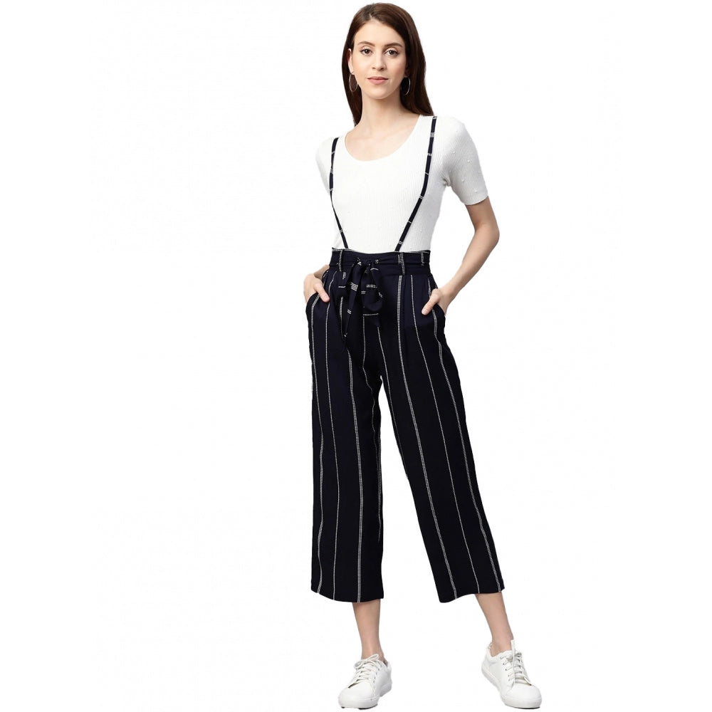 Indoraa Women's Casual Short Sleeve Striped Rayon Dungaree (Blue)