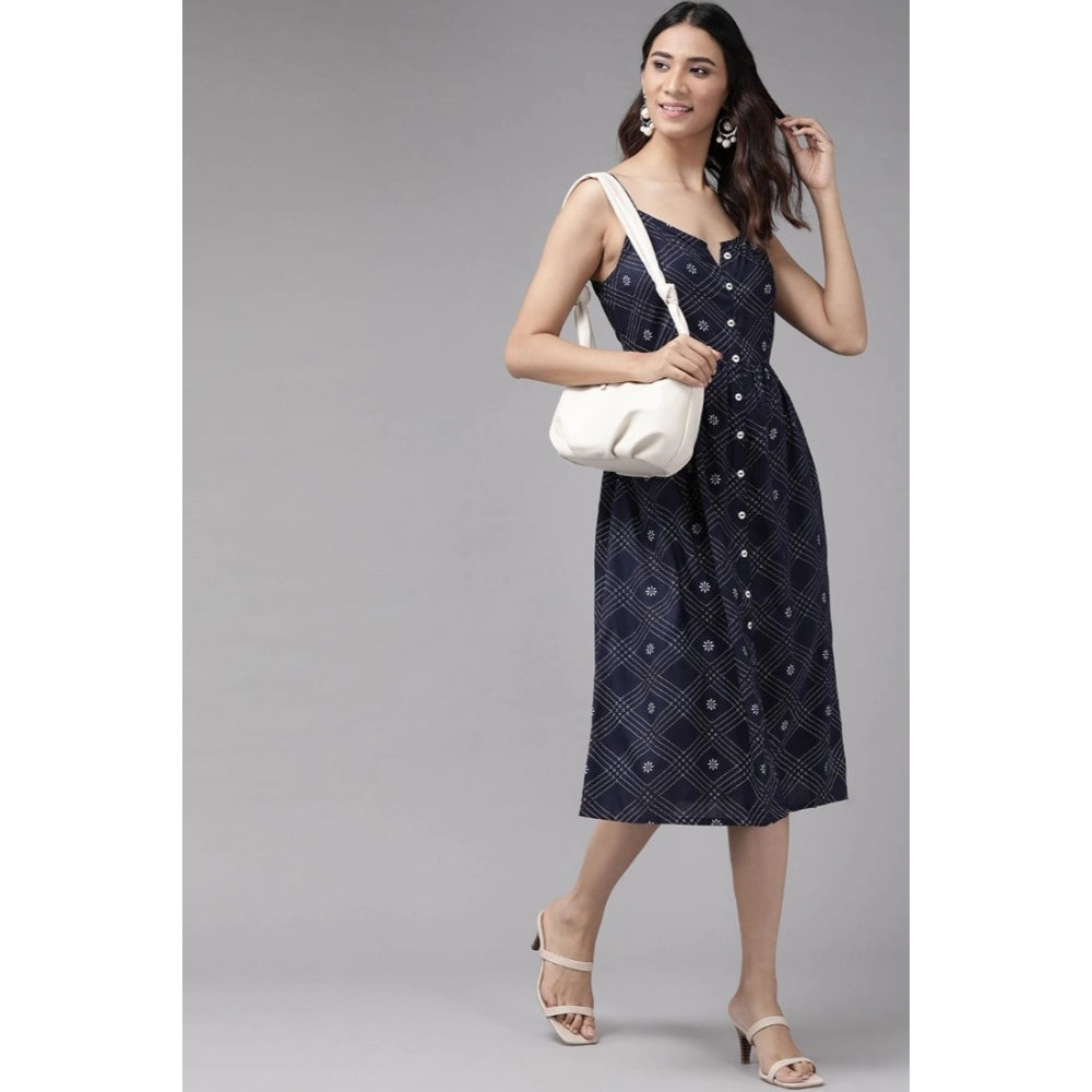 Indoraa Women's Casual Sleeveless Stripe Printed Rayon Dress (Blue)