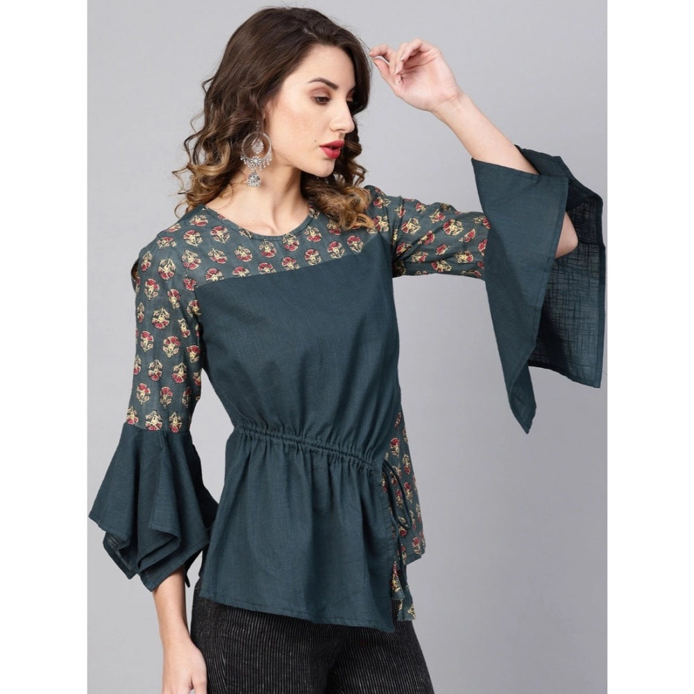 Indoraa Women's Casual Bell Sleeves Floral Printed Cotton Slub Top (Grey)