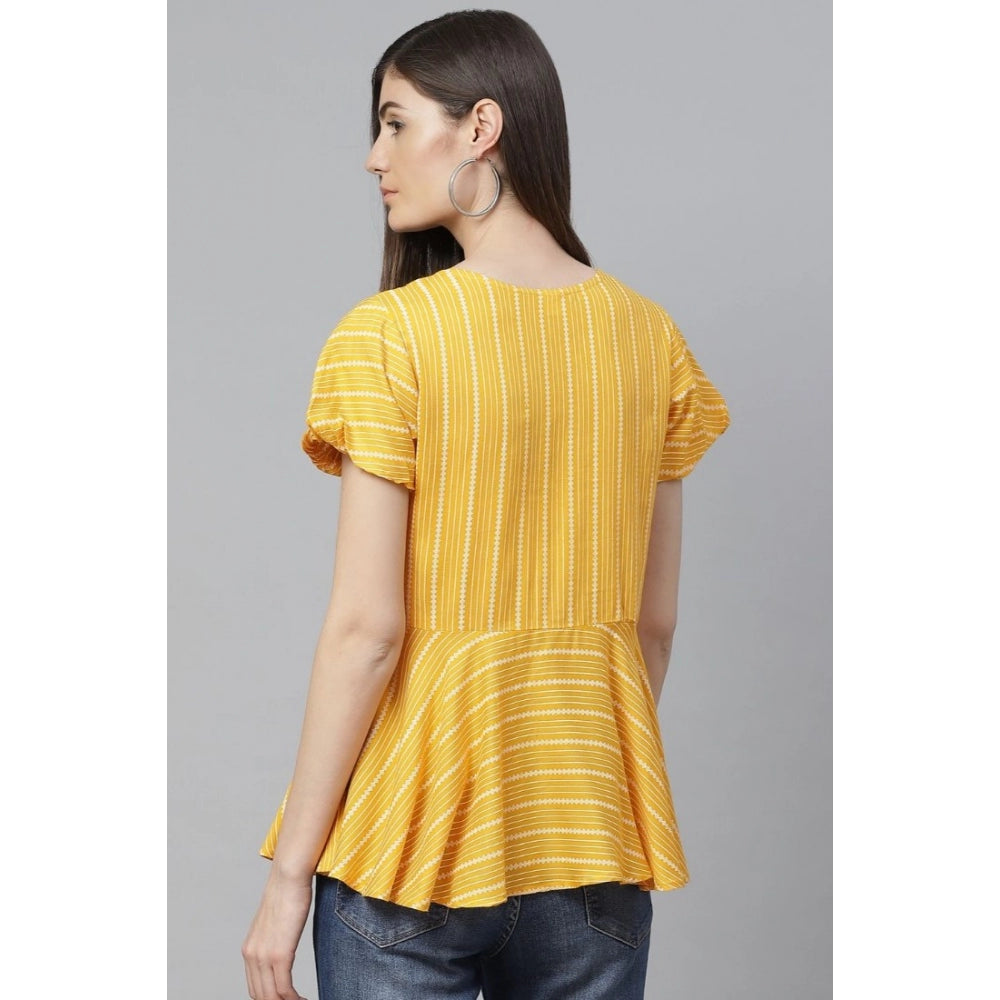 Indoraa Women's Casual Short Sleeves Stripe Printed Rayon Top (Mustard)