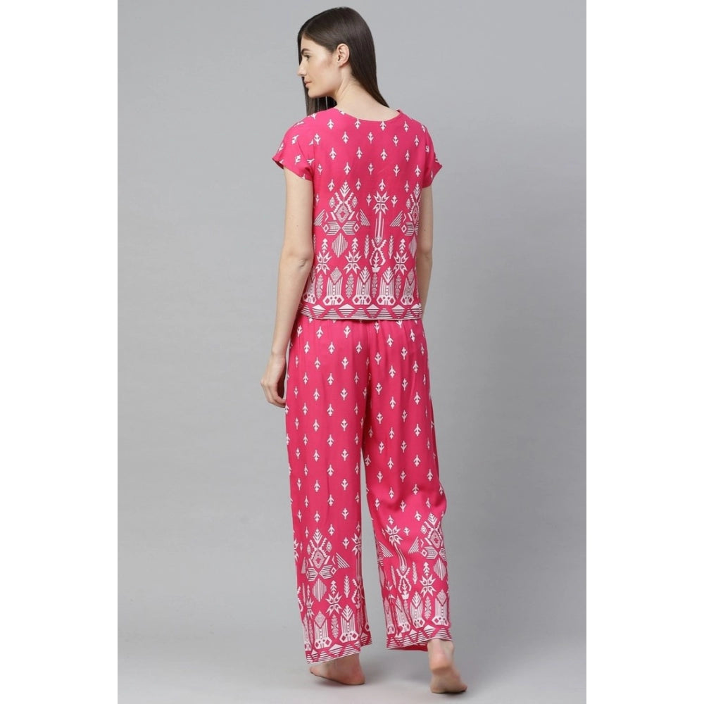 Indoraa Women's Casual Short Sleeve Printed Rayon Pajama Set (Pink)