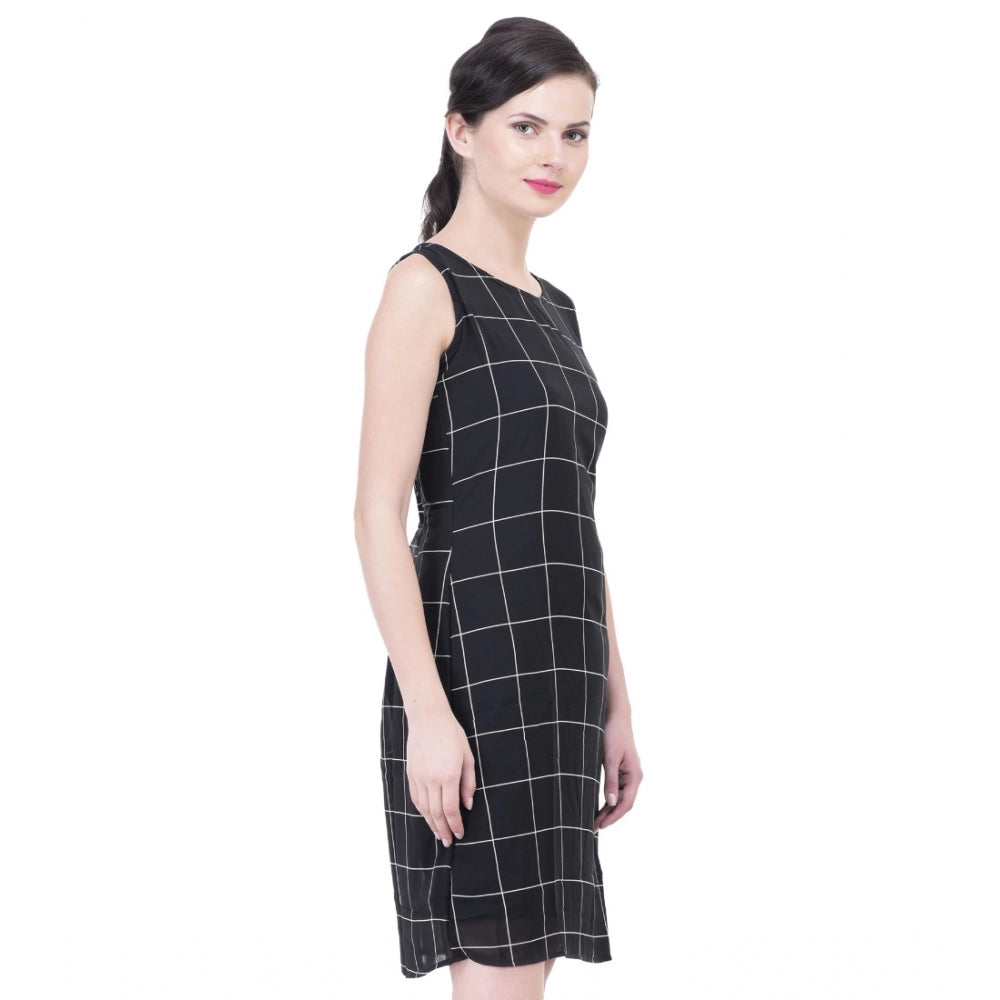 Indoraa Women's Cotton Blend Checked Sleeveless Sheath Dress (Black)