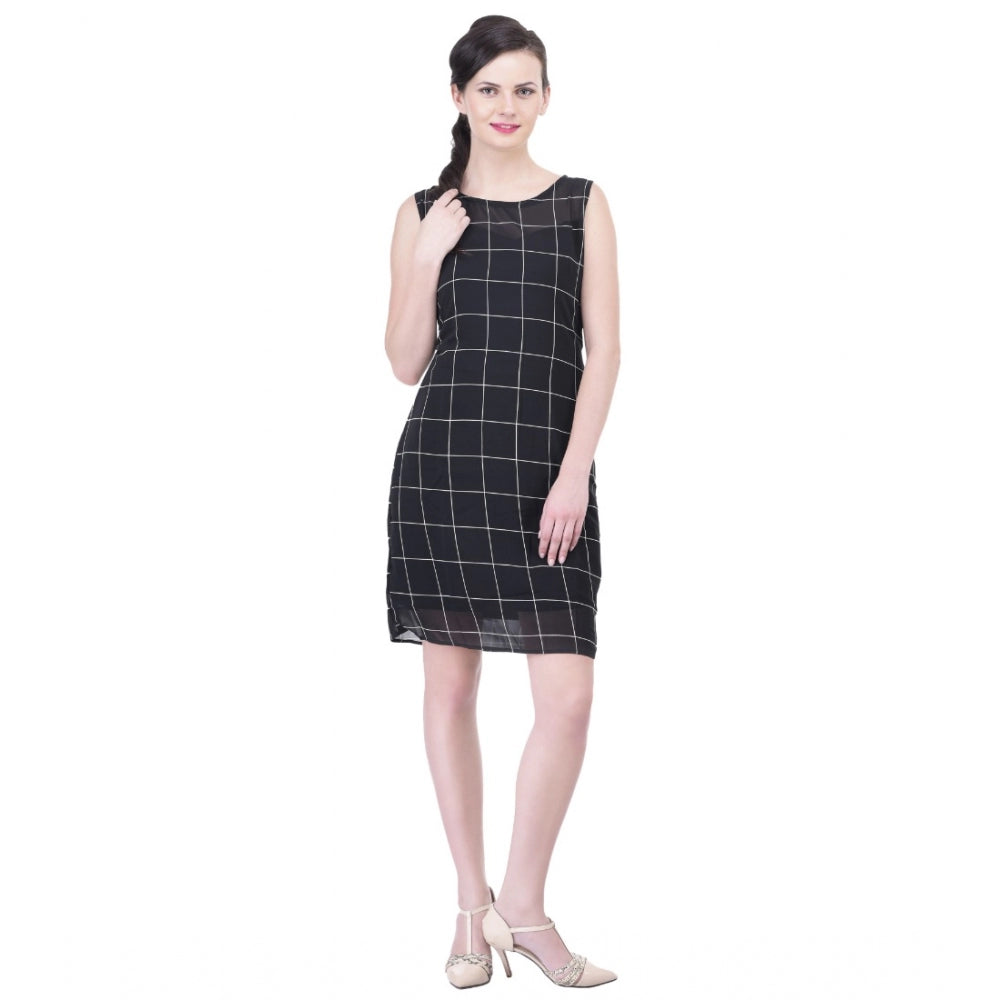 Indoraa Women's Cotton Blend Checked Sleeveless Sheath Dress (Black)