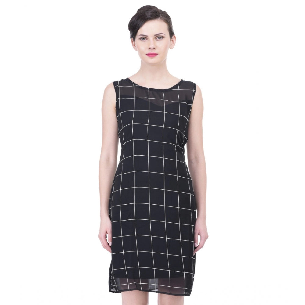 Indoraa Women's Cotton Blend Checked Sleeveless Sheath Dress (Black)