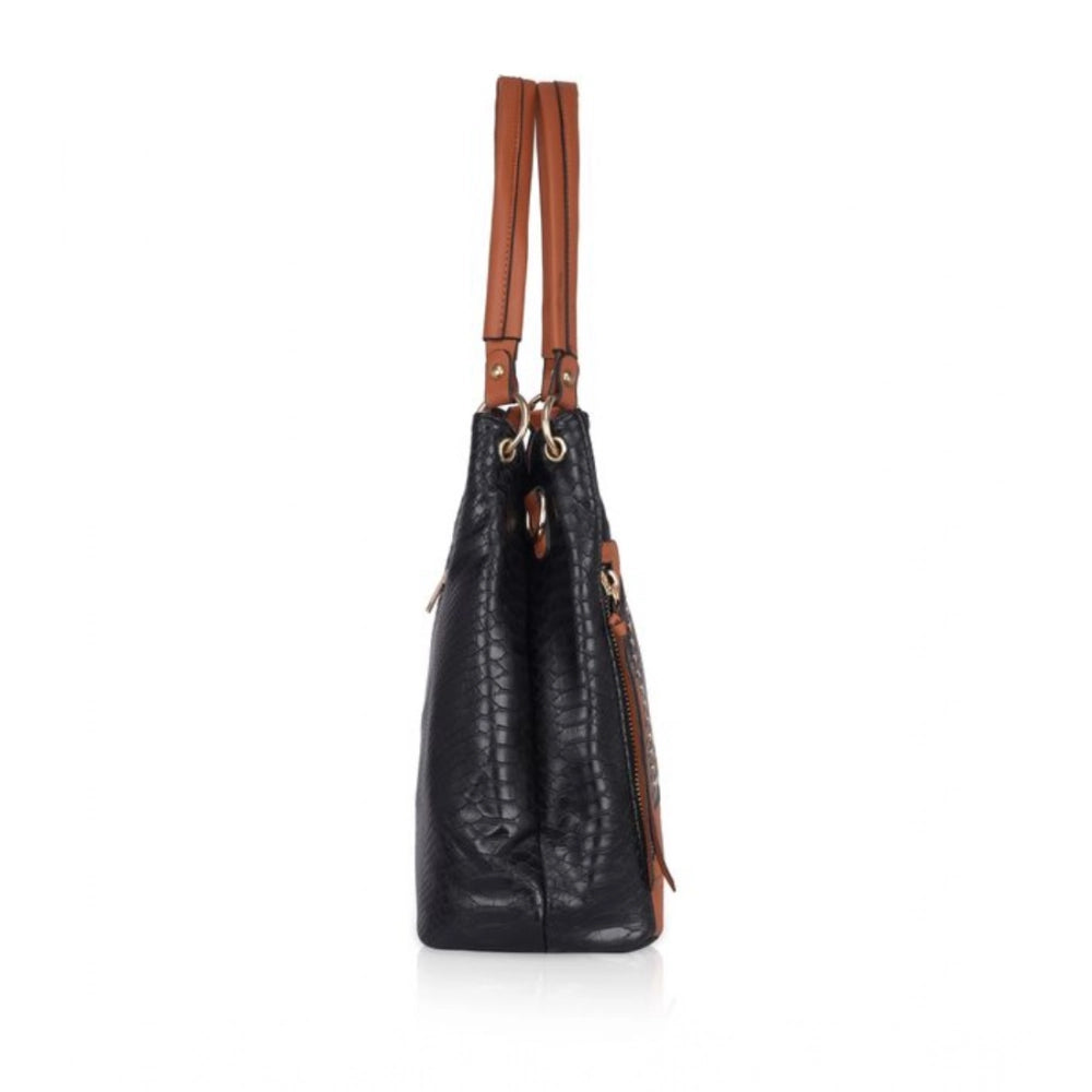 indoraa Women's Faux Leather Textured Tote Bag (Black)