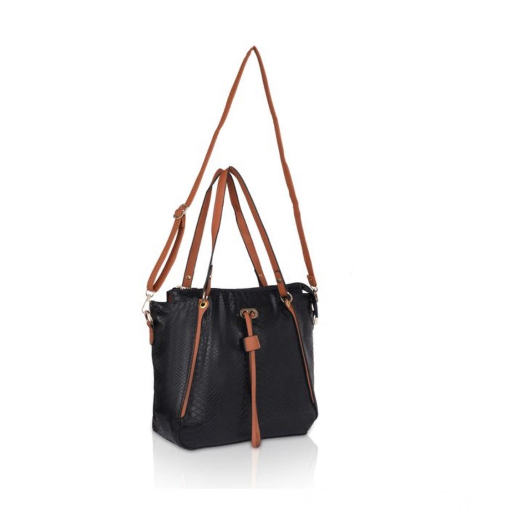 indoraa Women's Faux Leather Textured Tote Bag (Black)