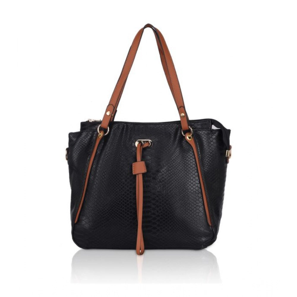 indoraa Women's Faux Leather Textured Tote Bag (Black)