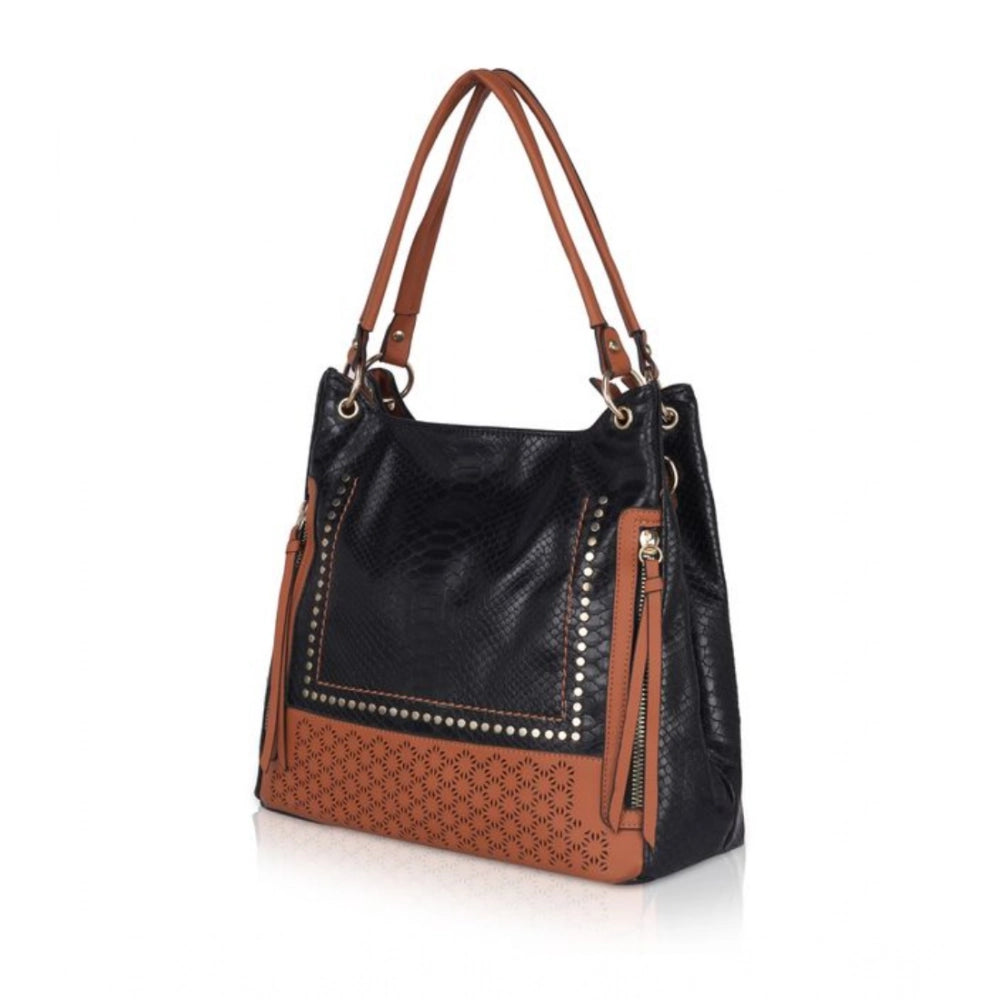 indoraa Women's Faux Leather Textured Tote Bag (Black)
