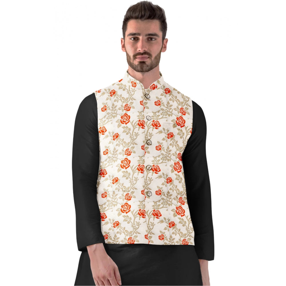 Indoraa Men's Jacquard Printed Full Sleeve Waistcoat (Orange-Beige)