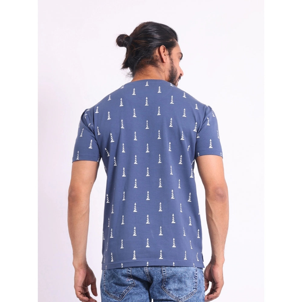Indoraa Men's Casual Cotton Printed Round Neck Half Sleeve T-Shirt (Blue)