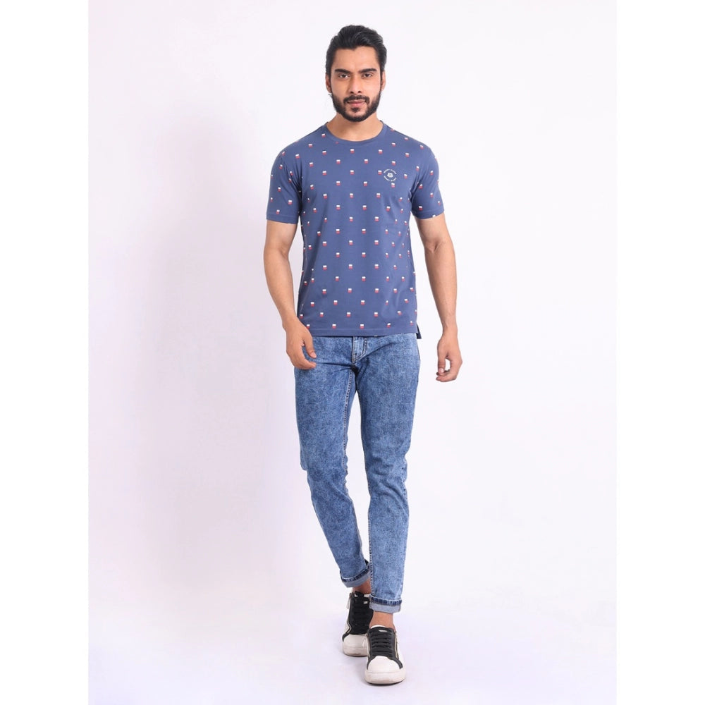 Indoraa Men's Casual Cotton Printed Round Neck Half Sleeve T-Shirt (Blue)