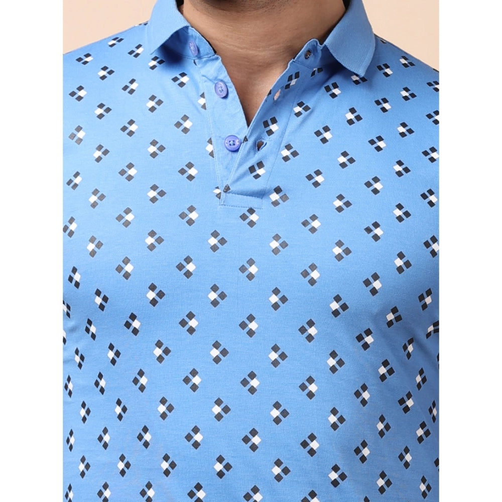 Indoraa Men's Casual Cotton Printed Polo Neck Half Sleeve T-Shirt (Blue)