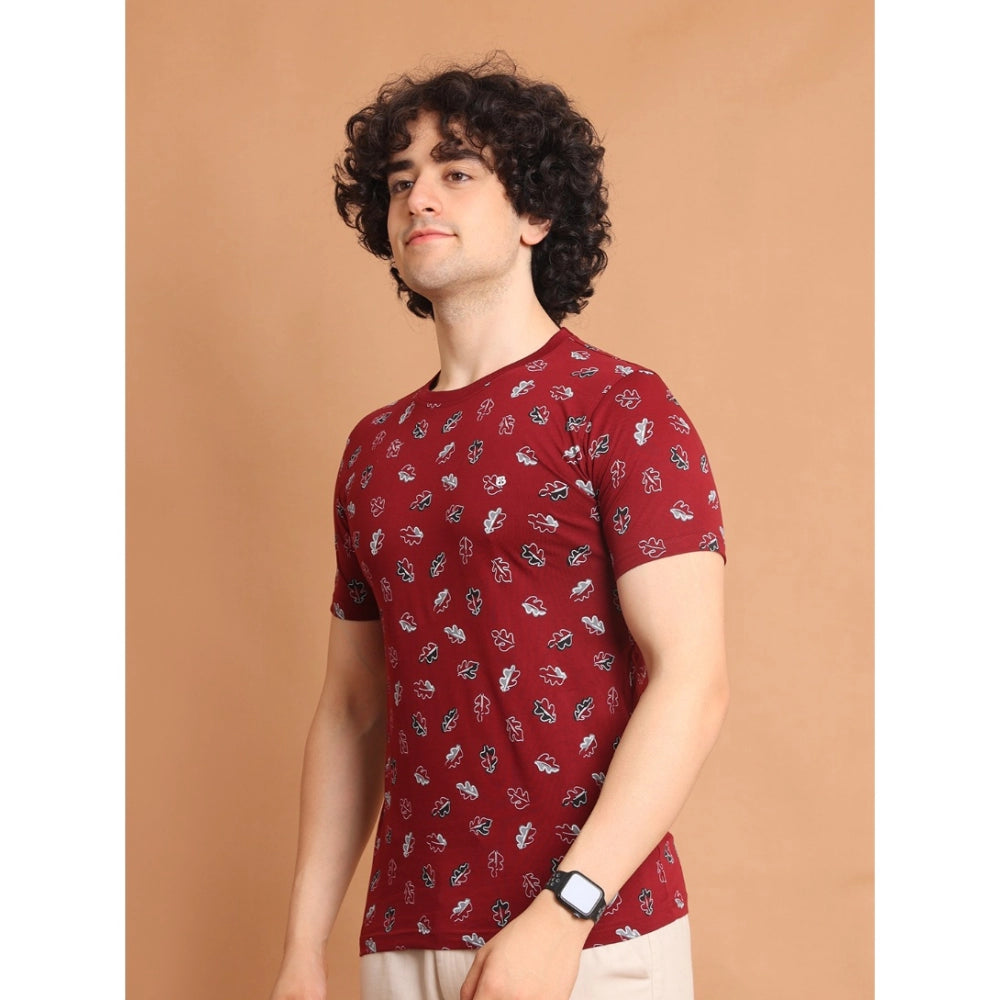 Indoraa Men's Casual Cotton Printed Round Neck Half Sleeve T-Shirt (Maroon)