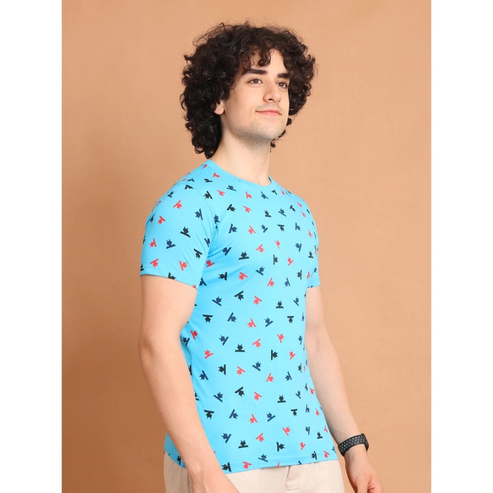 Indoraa Men's Casual Cotton Printed Round Neck Half Sleeve T-Shirt (Skyblue)