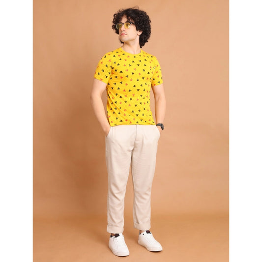 Indoraa Men's Casual Cotton Printed Round Neck Half Sleeve T-Shirt (Yellow)