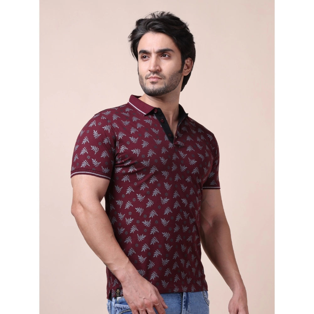 Indoraa Men's Casual Cotton Printed Polo Neck Half Sleeve T-Shirt (Plum)