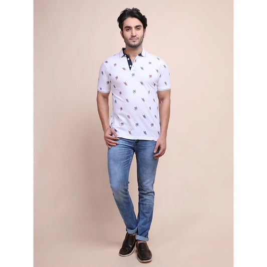 Indoraa Men's Casual Cotton Printed Polo Neck Half Sleeve T-Shirt (White)