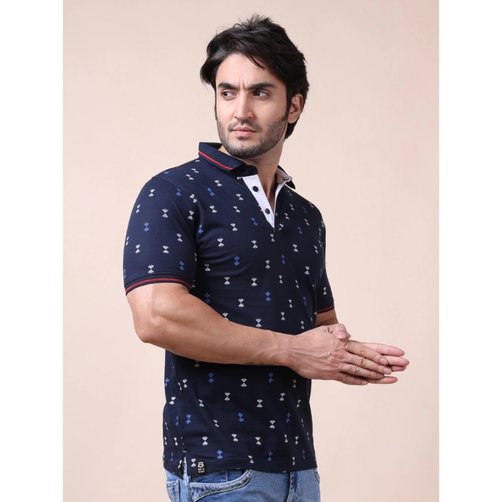 Indoraa Men's Casual Cotton Printed Polo Neck Half Sleeve T-Shirt (Navy)