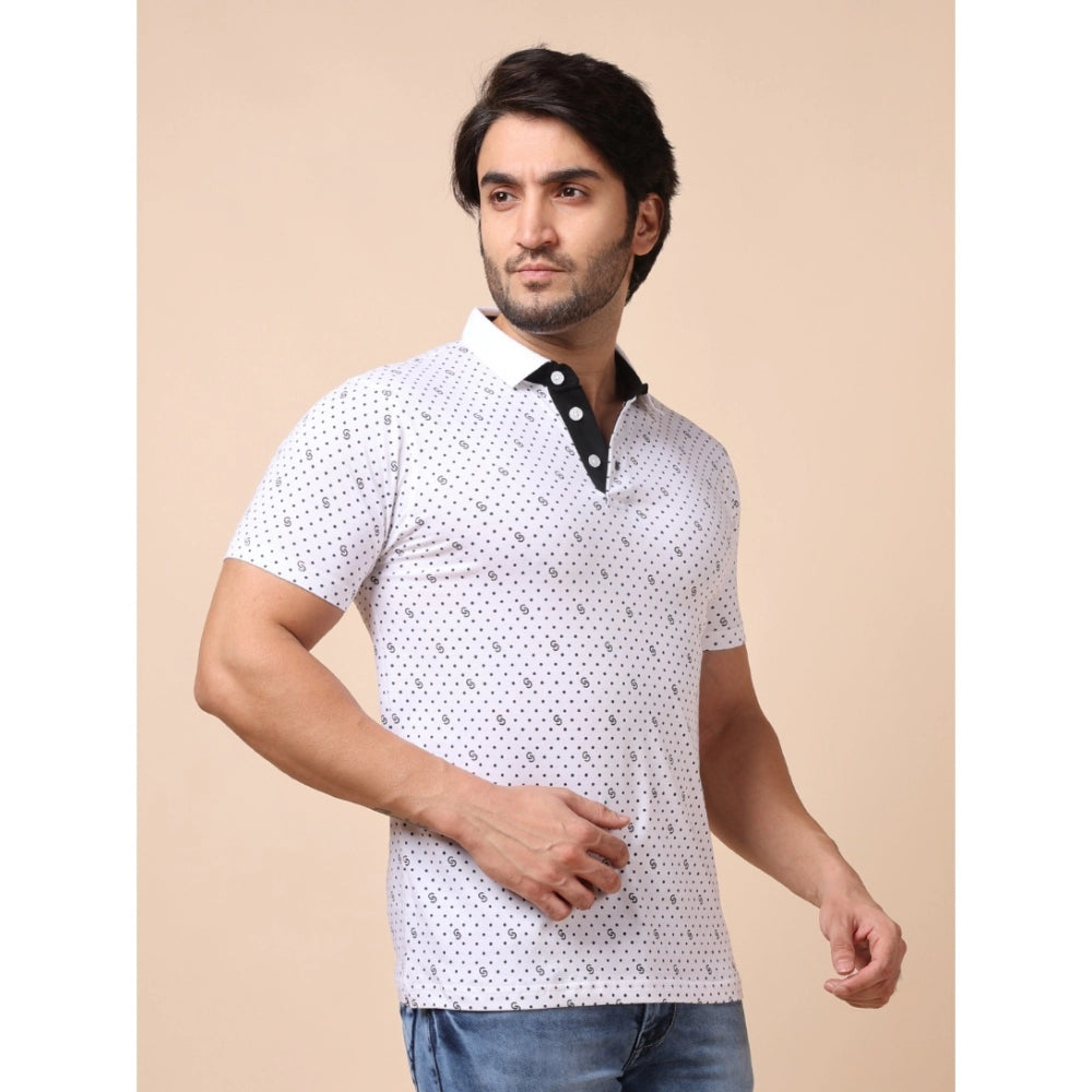 Indoraa Men's Casual Cotton Printed Polo Neck Half Sleeve T-Shirt (White)