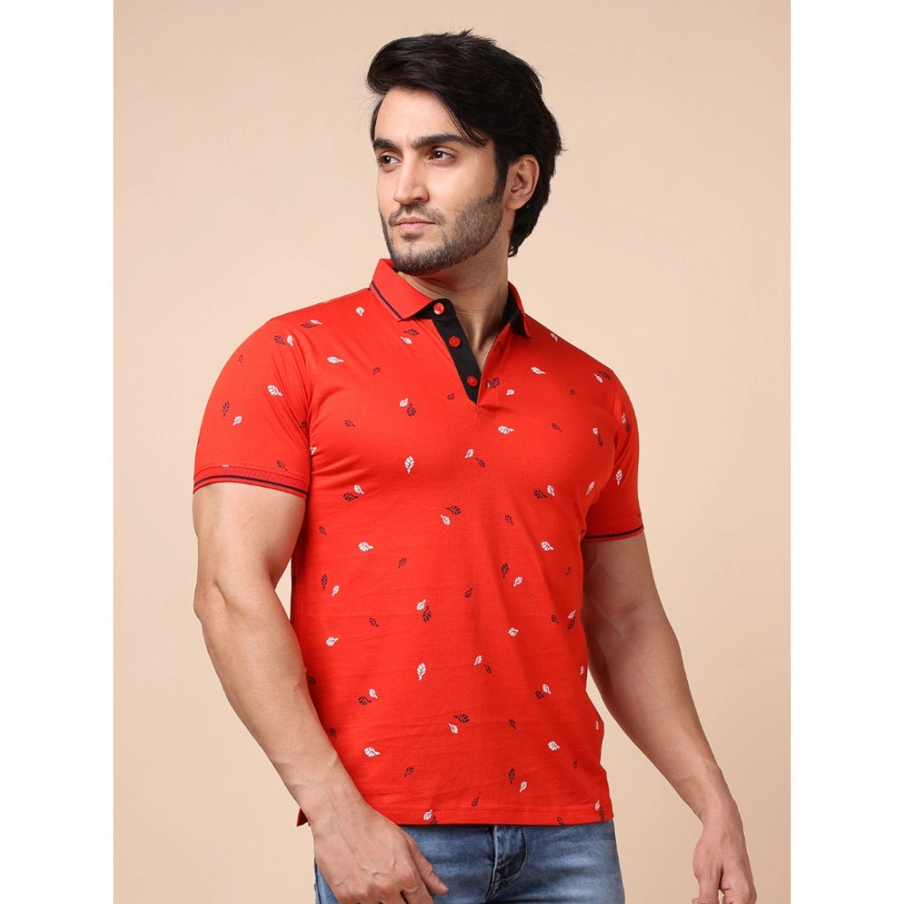 Indoraa Men's Casual Cotton Printed Polo Neck Half Sleeve T-Shirt (Red)